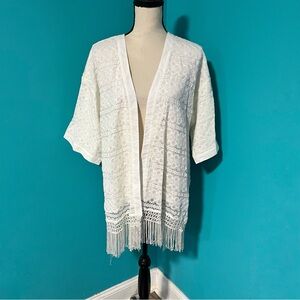 WD.NY M White Woven Lace Fringe Half Sleeve Open Front Kimono Cardigan